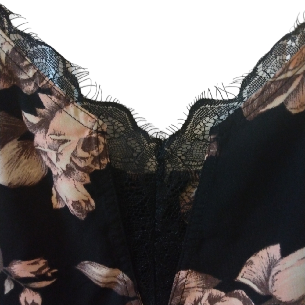 Sienna Sky Black Cream Floral Spaghetti String with Lace Midi Sexy Slip Dress L - Picture 2 of 16